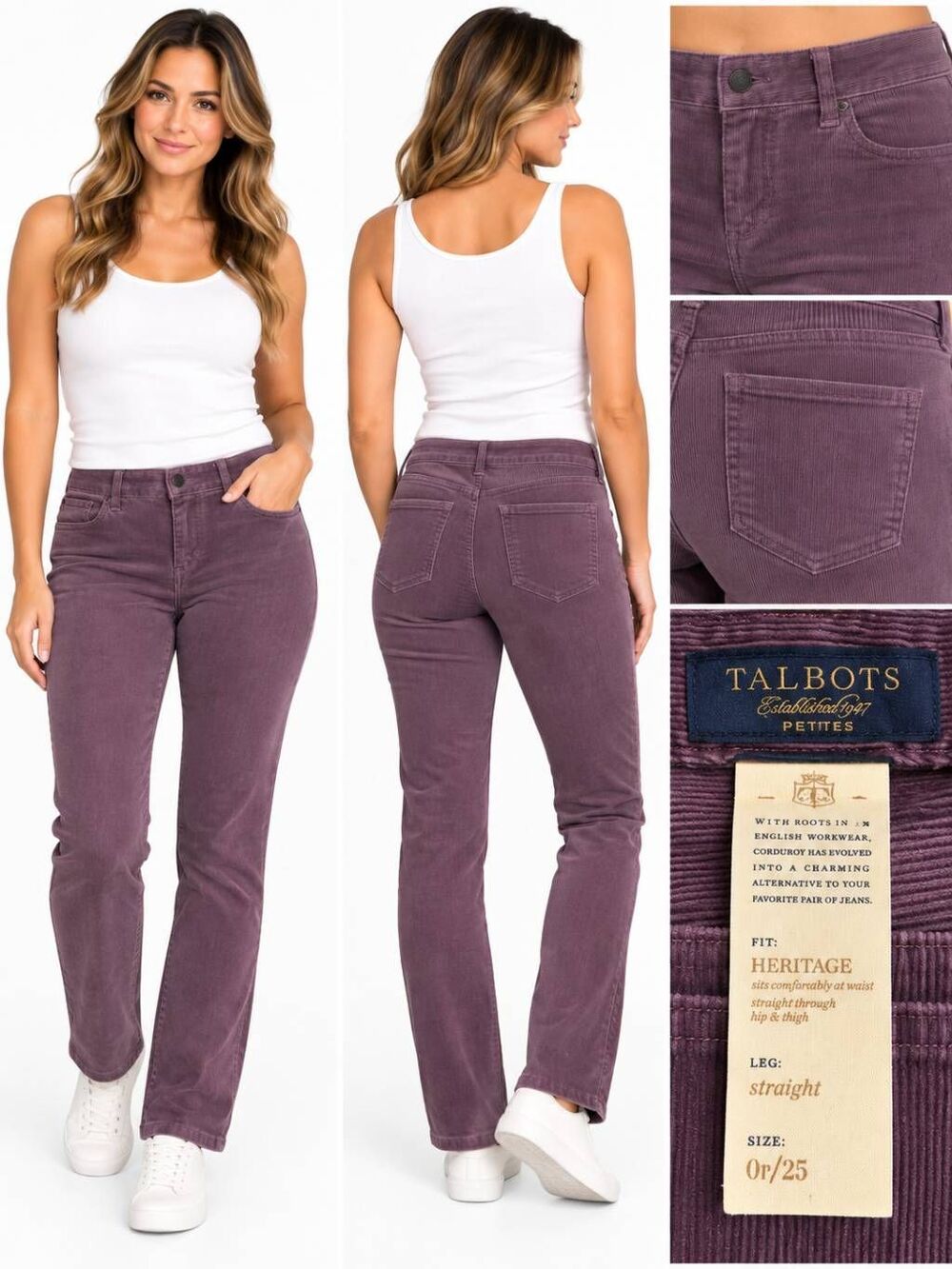 Talbots Size 0P/25 Heritage Purple Corduroy Straight Pants